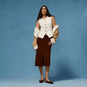 Corduroy Midi Skirt with Front Slit, Wine Punch